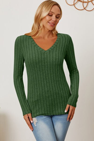 Basic Bae Full Size Ribbed V-Neck Long Sleeve T-Shirt - S. M. & Co. T-Shirt