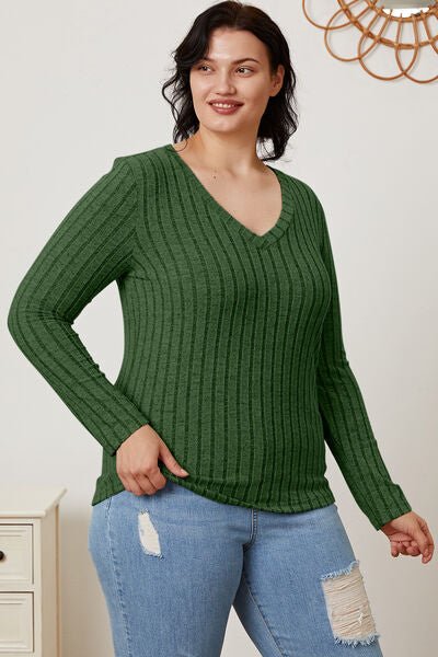 Basic Bae Full Size Ribbed V-Neck Long Sleeve T-Shirt - S. M. & Co. T-Shirt