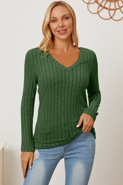 Basic Bae Full Size Ribbed V-Neck Long Sleeve T-Shirt - S. M. & Co. T-Shirt