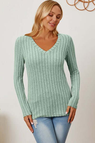 Basic Bae Full Size Ribbed V-Neck Long Sleeve T-Shirt - S. M. & Co. T-Shirt