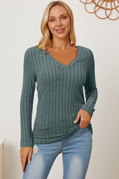 Basic Bae Full Size Ribbed V-Neck Long Sleeve T-Shirt - S. M. & Co. T-Shirt