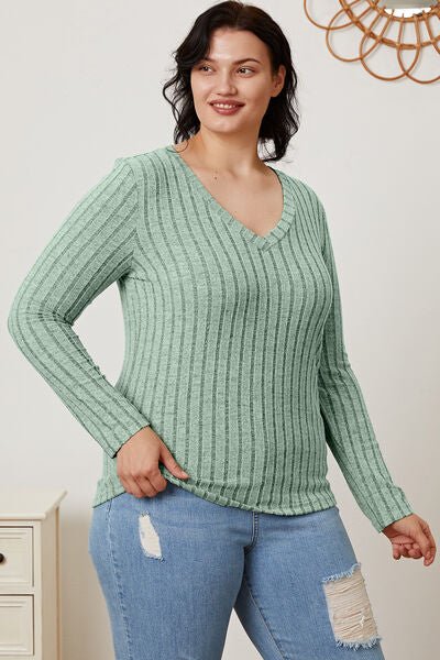 Basic Bae Full Size Ribbed V-Neck Long Sleeve T-Shirt - S. M. & Co. T-Shirt