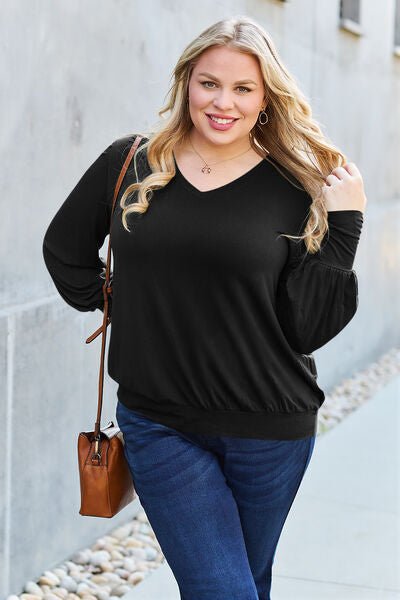 Basic Bae Full Size V-Neck Lantern Sleeve Blouse - S. M. & Co. Plus Size/Plus Size Tops/Plus Size Blouses & Shirts