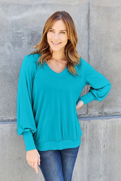 Basic Bae Full Size V-Neck Lantern Sleeve Blouse - S. M. & Co. Plus Size/Plus Size Tops/Plus Size Blouses & Shirts