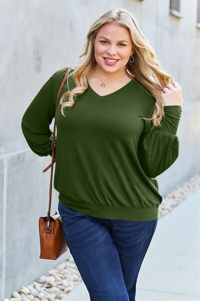 Basic Bae Full Size V-Neck Lantern Sleeve Blouse - S. M. & Co. Plus Size/Plus Size Tops/Plus Size Blouses & Shirts