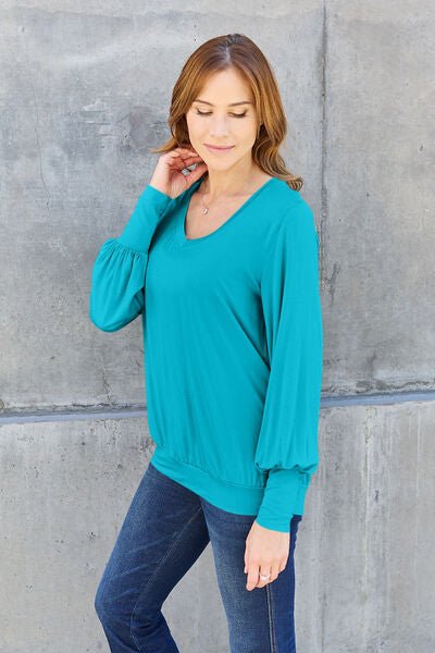 Basic Bae Full Size V-Neck Lantern Sleeve Blouse - S. M. & Co. Plus Size/Plus Size Tops/Plus Size Blouses & Shirts