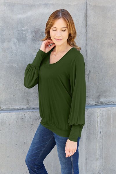 Basic Bae Full Size V-Neck Lantern Sleeve Blouse - S. M. & Co. Plus Size/Plus Size Tops/Plus Size Blouses & Shirts