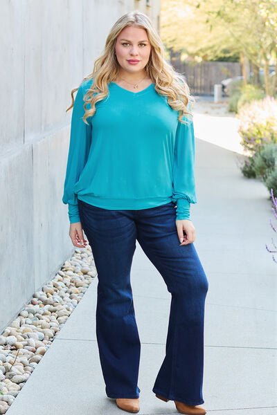 Basic Bae Full Size V-Neck Lantern Sleeve Blouse - S. M. & Co. Plus Size/Plus Size Tops/Plus Size Blouses & Shirts