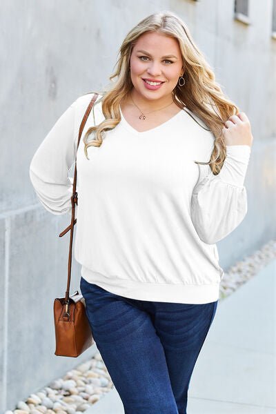 Basic Bae Full Size V-Neck Lantern Sleeve Blouse - S. M. & Co. Plus Size/Plus Size Tops/Plus Size Blouses & Shirts