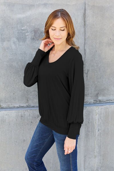 Basic Bae Full Size V-Neck Lantern Sleeve Blouse - S. M. & Co. Plus Size/Plus Size Tops/Plus Size Blouses & Shirts