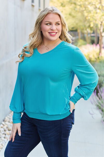 Basic Bae Full Size V-Neck Lantern Sleeve Blouse - S. M. & Co. Plus Size/Plus Size Tops/Plus Size Blouses & Shirts