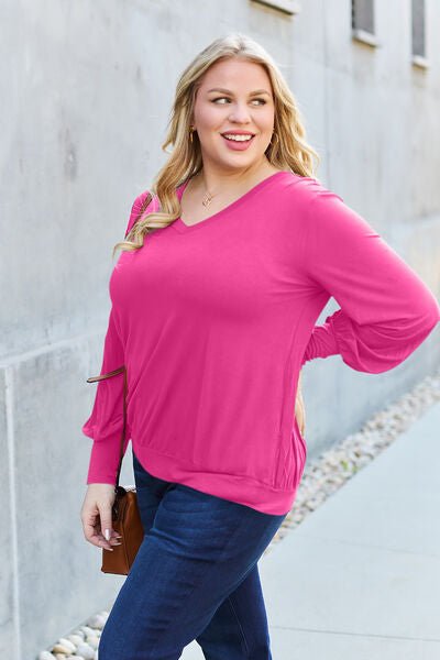 Basic Bae Full Size V-Neck Lantern Sleeve Blouse - S. M. & Co. Plus Size/Plus Size Tops/Plus Size Blouses & Shirts