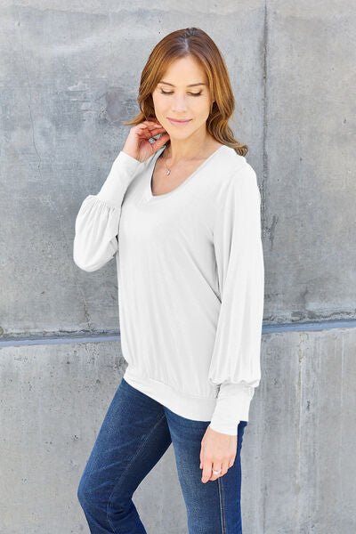 Basic Bae Full Size V-Neck Lantern Sleeve Blouse - S. M. & Co. Plus Size/Plus Size Tops/Plus Size Blouses & Shirts