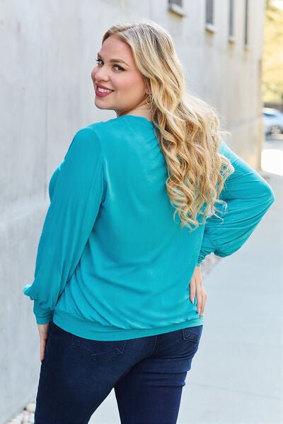 Basic Bae Full Size V-Neck Lantern Sleeve Blouse - S. M. & Co. Plus Size/Plus Size Tops/Plus Size Blouses & Shirts