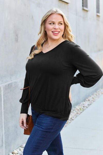 Basic Bae Full Size V-Neck Lantern Sleeve Blouse - S. M. & Co. Plus Size/Plus Size Tops/Plus Size Blouses & Shirts