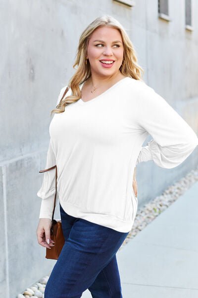 Basic Bae Full Size V-Neck Lantern Sleeve Blouse - S. M. & Co. Plus Size/Plus Size Tops/Plus Size Blouses & Shirts