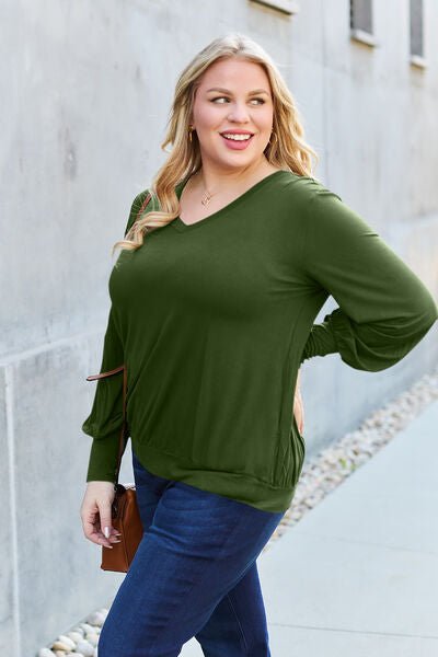 Basic Bae Full Size V-Neck Lantern Sleeve Blouse - S. M. & Co. Plus Size/Plus Size Tops/Plus Size Blouses & Shirts