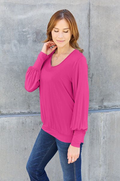 Basic Bae Full Size V-Neck Lantern Sleeve Blouse - S. M. & Co. Plus Size/Plus Size Tops/Plus Size Blouses & Shirts