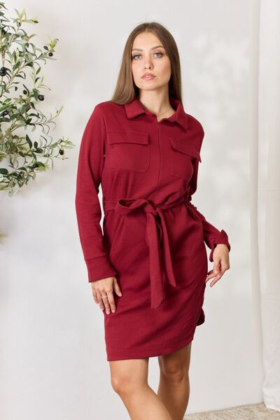 Culture Code Full Size Tie Front Half Zip Long Sleeve Shirt Dress - S. M. & Co. Dresses