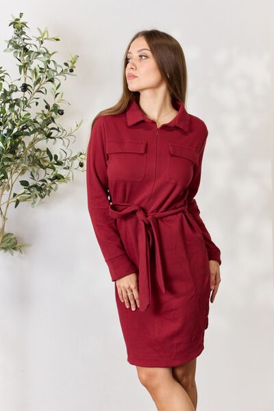 Culture Code Full Size Tie Front Half Zip Long Sleeve Shirt Dress - S. M. & Co. Dresses