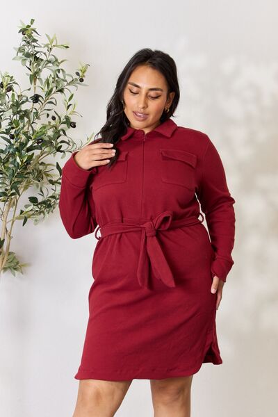 Culture Code Full Size Tie Front Half Zip Long Sleeve Shirt Dress - S. M. & Co. Dresses