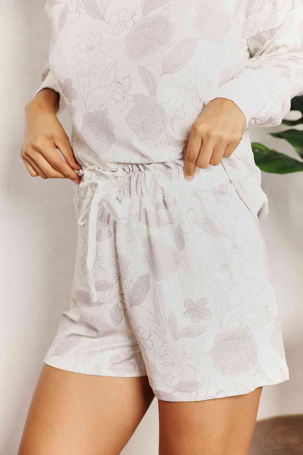 Double Take Floral Long Sleeve Top and Shorts Loungewear Set - S. M. & Co. Two Piece Sets/Short Sets