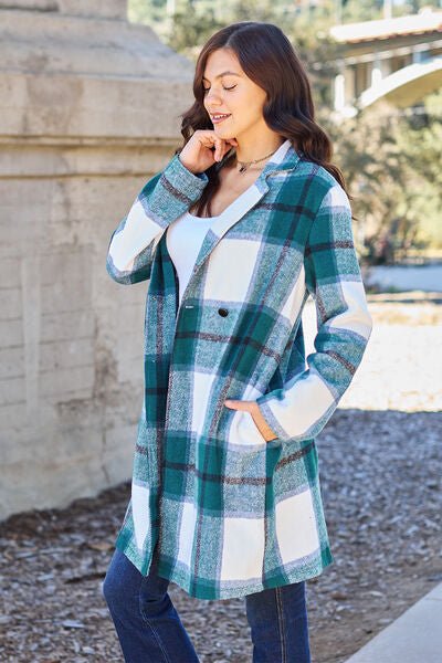 Double Take Full Size Plaid Button Up Lapel Collar Coat - S. M. & Co. Coat