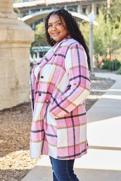 Double Take Full Size Plaid Button Up Lapel Collar Coat - S. M. & Co. Coat