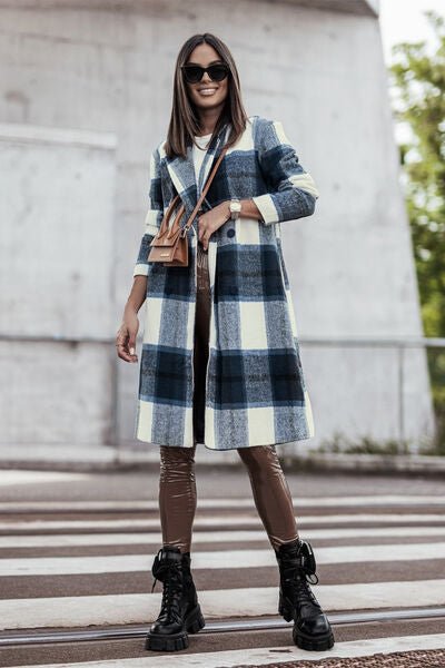 Double Take Full Size Plaid Button Up Lapel Collar Coat - S. M. & Co. Coat