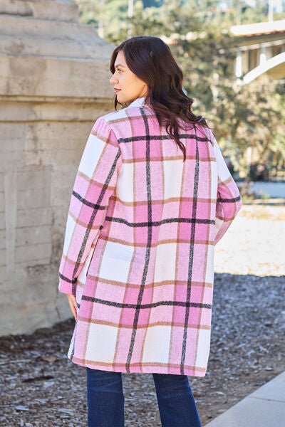 Double Take Full Size Plaid Button Up Lapel Collar Coat - S. M. & Co. Coat