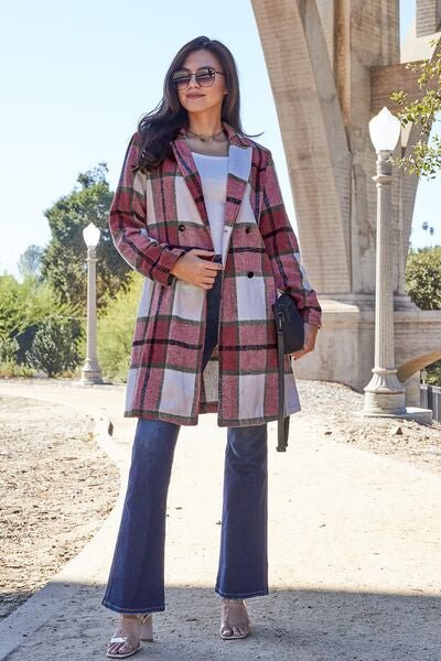 Double Take Full Size Plaid Button Up Lapel Collar Coat - S. M. & Co. Coat