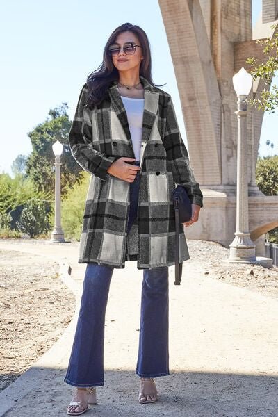 Double Take Full Size Plaid Button Up Lapel Collar Coat - S. M. & Co. Coat