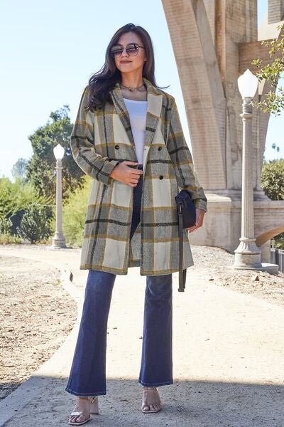 Double Take Full Size Plaid Button Up Lapel Collar Coat - S. M. & Co. Coat