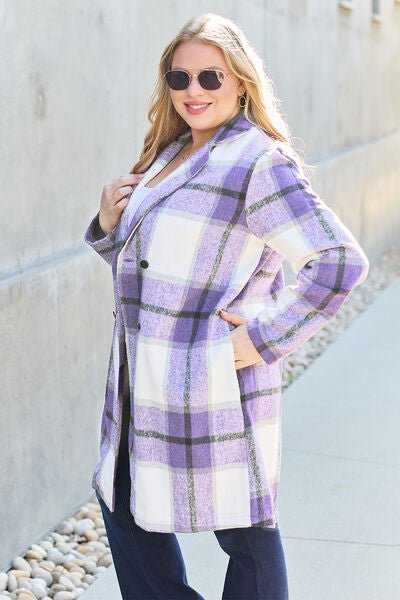 Double Take Full Size Plaid Button Up Lapel Collar Coat - S. M. & Co. Coat