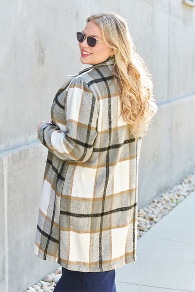 Double Take Full Size Plaid Button Up Lapel Collar Coat - S. M. & Co. Coat