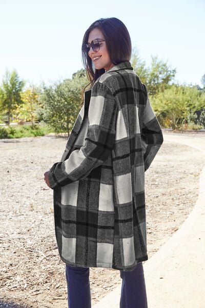 Double Take Full Size Plaid Button Up Lapel Collar Coat - S. M. & Co. Coat