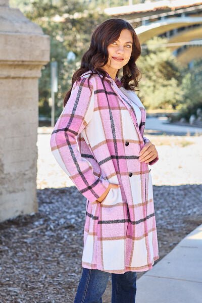 Double Take Full Size Plaid Button Up Lapel Collar Coat - S. M. & Co. Coat