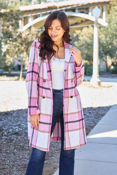 Double Take Full Size Plaid Button Up Lapel Collar Coat - S. M. & Co. Coat