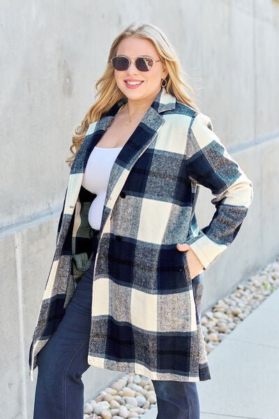 Double Take Full Size Plaid Button Up Lapel Collar Coat - S. M. & Co. Coat