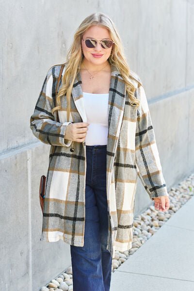 Double Take Full Size Plaid Button Up Lapel Collar Coat - S. M. & Co. Coat