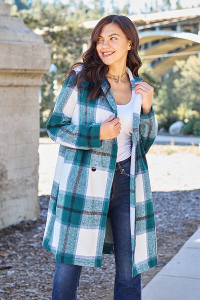 Double Take Full Size Plaid Button Up Lapel Collar Coat - S. M. & Co. Coat