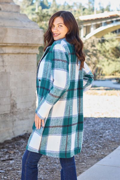 Double Take Full Size Plaid Button Up Lapel Collar Coat - S. M. & Co. Coat