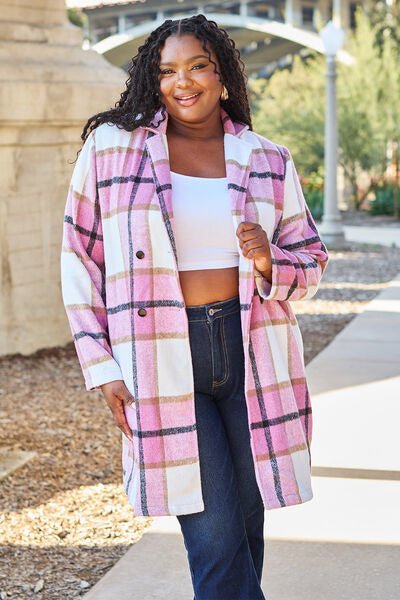 Double Take Full Size Plaid Button Up Lapel Collar Coat - S. M. & Co. Coat