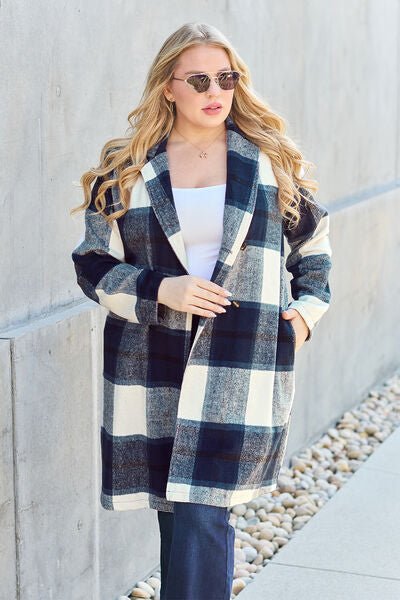 Double Take Full Size Plaid Button Up Lapel Collar Coat - S. M. & Co. Coat