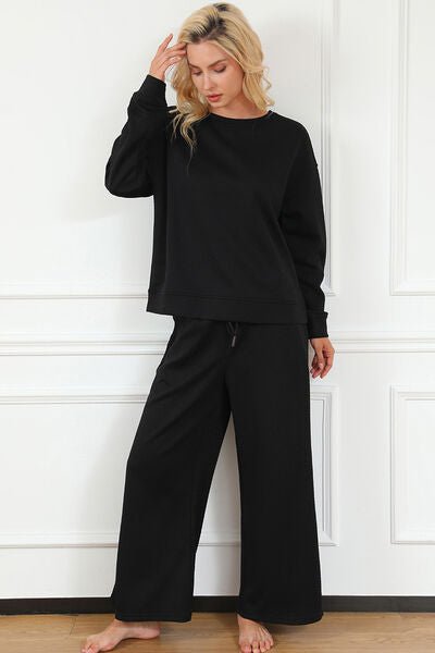 Double Take Full Size Textured Long Sleeve Top and Drawstring Pants Set - S. M. & Co. Two Piece Sets/Tops & Bottoms