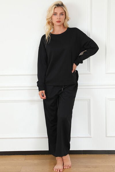 Double Take Full Size Textured Long Sleeve Top and Drawstring Pants Set - S. M. & Co. Two Piece Sets/Tops & Bottoms