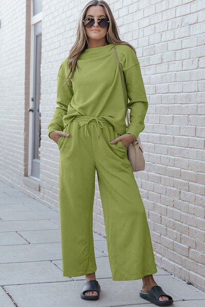 Double Take Full Size Textured Long Sleeve Top and Drawstring Pants Set - S. M. & Co. Two Piece Sets/Tops & Bottoms