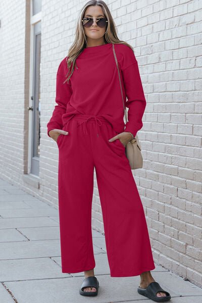 Double Take Full Size Textured Long Sleeve Top and Drawstring Pants Set - S. M. & Co. Two Piece Sets/Tops & Bottoms