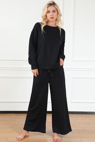 Double Take Full Size Textured Long Sleeve Top and Drawstring Pants Set - S. M. & Co. Two Piece Sets/Tops & Bottoms