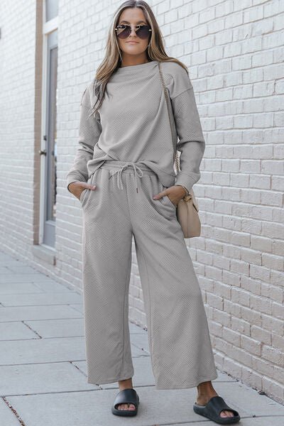 Double Take Full Size Textured Long Sleeve Top and Drawstring Pants Set - S. M. & Co. Two Piece Sets/Tops & Bottoms